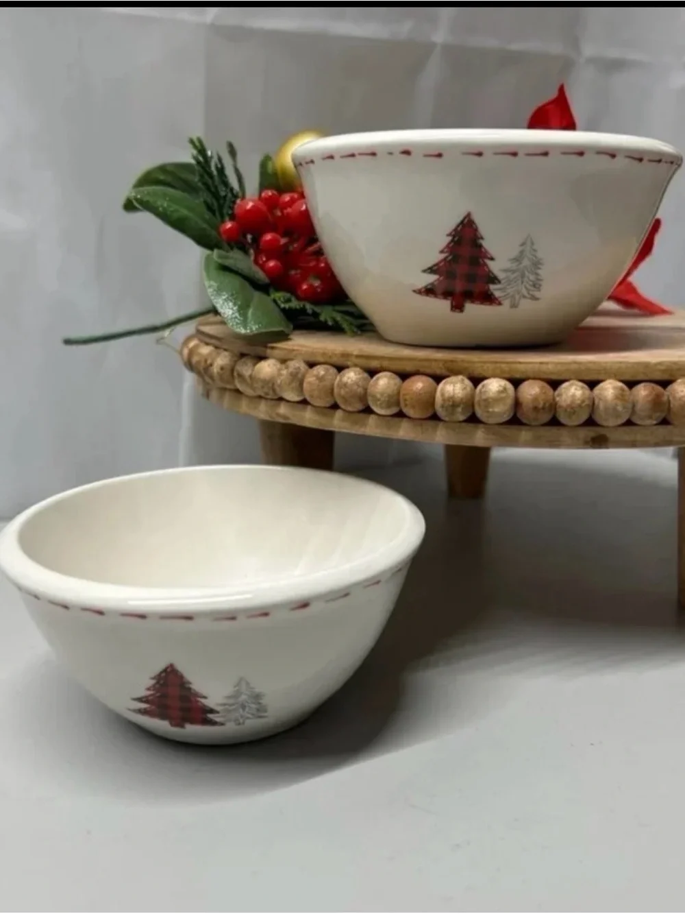 White Holiday Ceramic Serving Bowl with Red Buffalo Plaid Tree